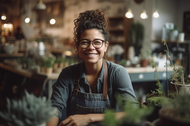 Female small business ower in flower shop interior Generative AI