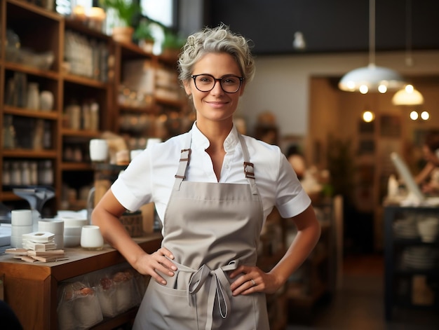 Female small business owner in a casual gray apron stands in her coffee shop or bakery Generative ai