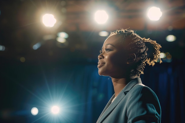 Female speaker discusses happiness diversity success leadership