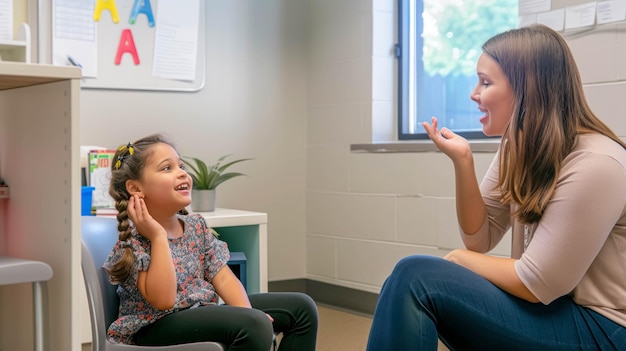 Photo female speech therapist in this office with young girl woman practices articulation exercises