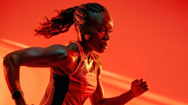 Photo female sprinter ready to race with a dynamic red background