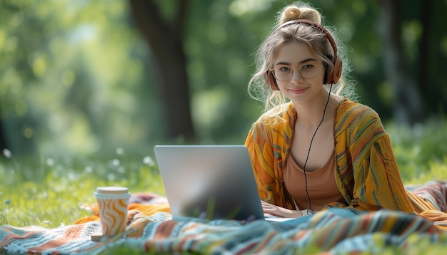 female student in glasses studying in park with laptop and headphones sitting on blanket coffee cup