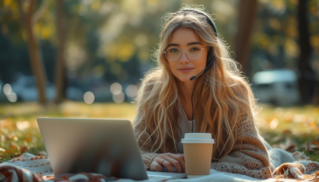 female student in glasses studying in park with laptop and headphones sitting on blanket coffee cup