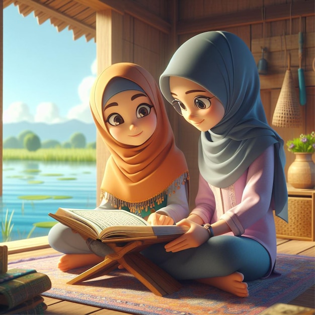 Female student learning to read the Quran on the mountain