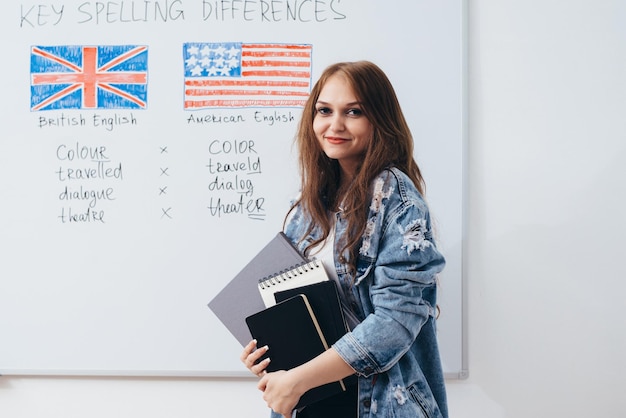 Female student looking at camera English language school