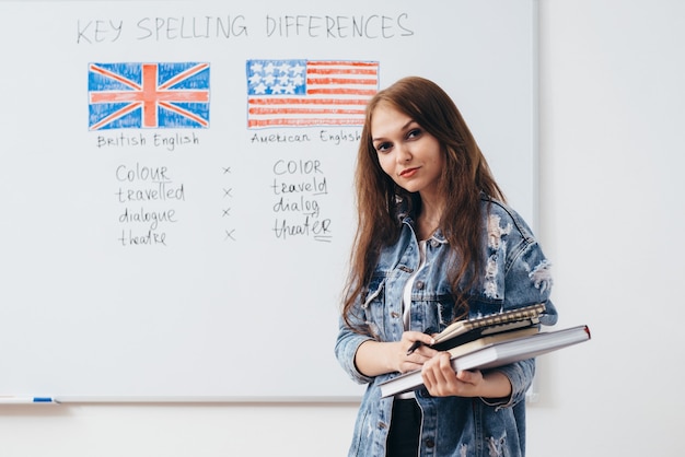 Female student posing in English language school.