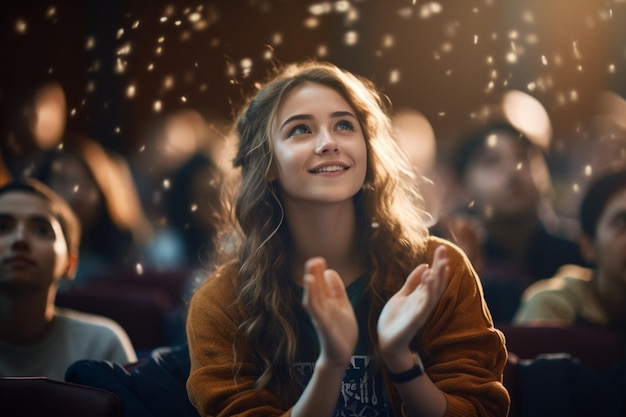 A female student raising hands at a lecture theatre with Generative AI