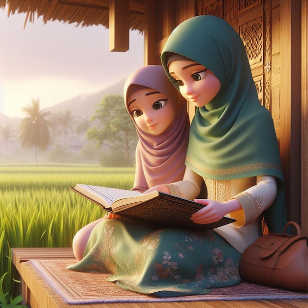 Female student read the Quran in a hut on the edge of a rice field