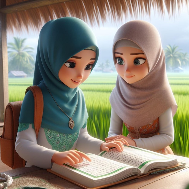 Female student read the Quran in a hut on the edge of a rice field