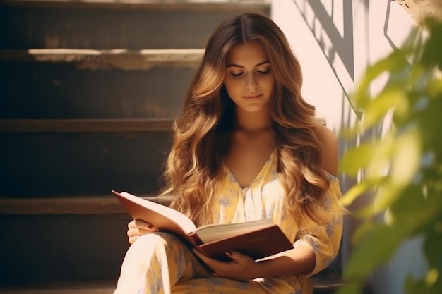 Female student sitting on the stairs and read a book