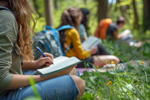 Female student sitting studying with other students in a park with her notebook open