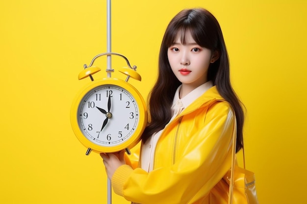 Female student with yellow backpack holding clock