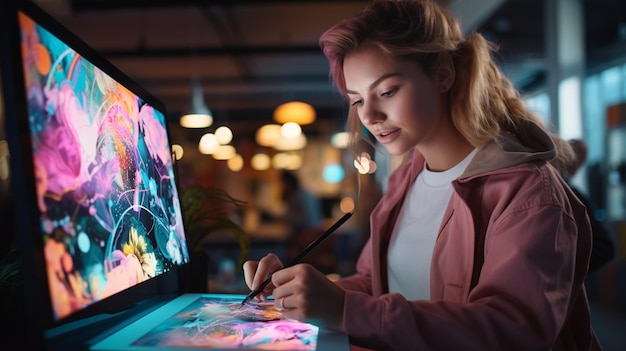 female student writing on digital tablet while sitting on desk in modern school