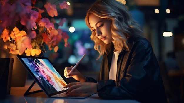 female student writing on digital tablet while sitting on desk in modern school