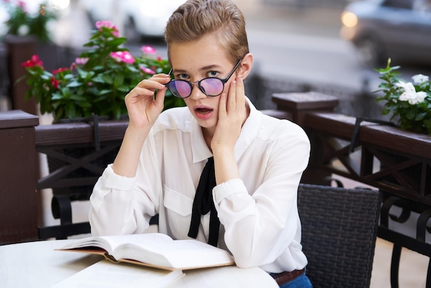 Female in a summer cafe outdoors rest fun walking around town communication