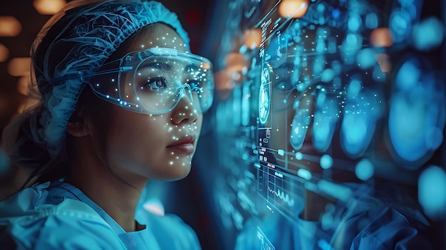 Photo a female surgeon with a blue background and a blue light in the background