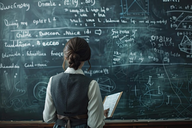 Female teacher in conservative outfit teaching a math class at the blackboard