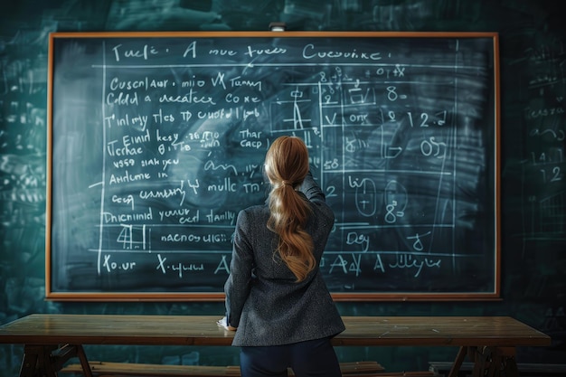 Female teacher in conservative outfit teaching a math class at the blackboard