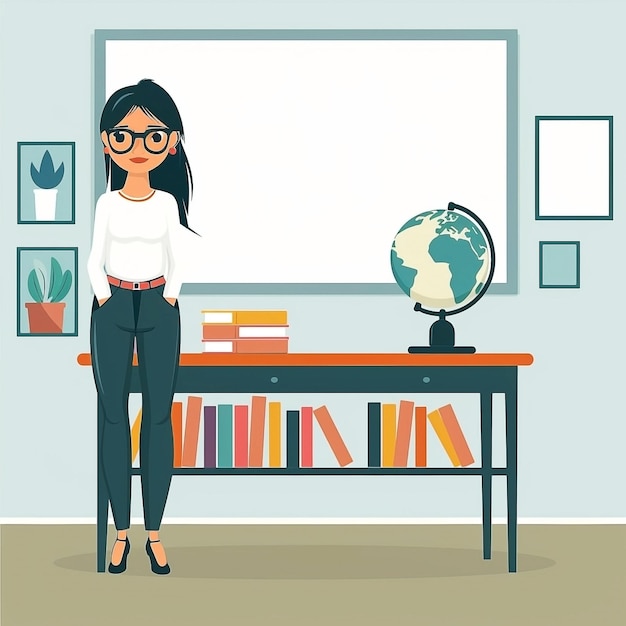 Female Teacher in Front of Whiteboard with Books and Globe