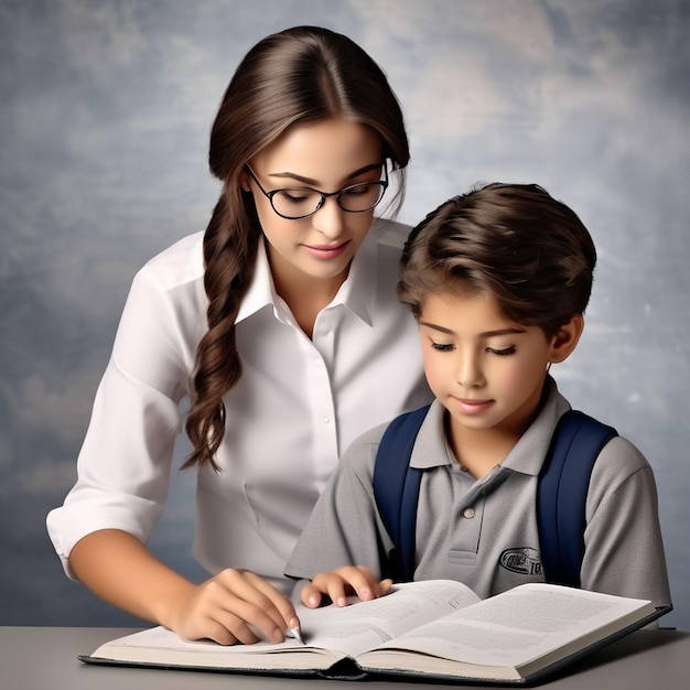 Female teacher and male pupil smiling in class