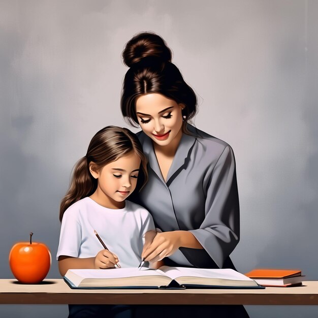 Female teacher and male pupil smiling in class