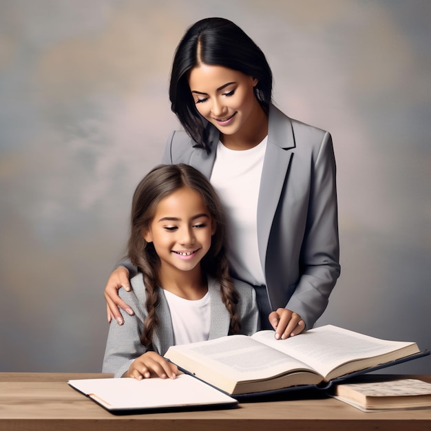 Female teacher and male pupil smiling in class