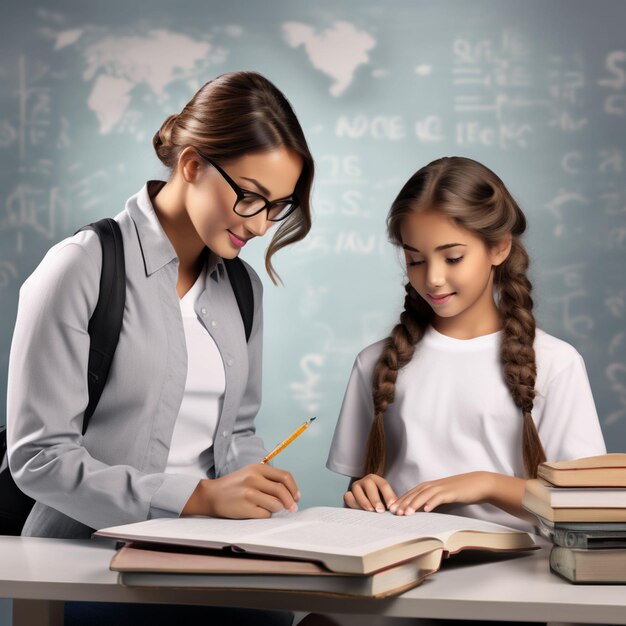 Female teacher and male pupil smiling in class