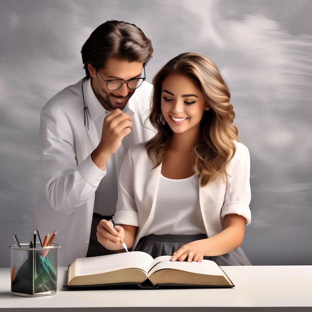 Female teacher and male pupil smiling in class