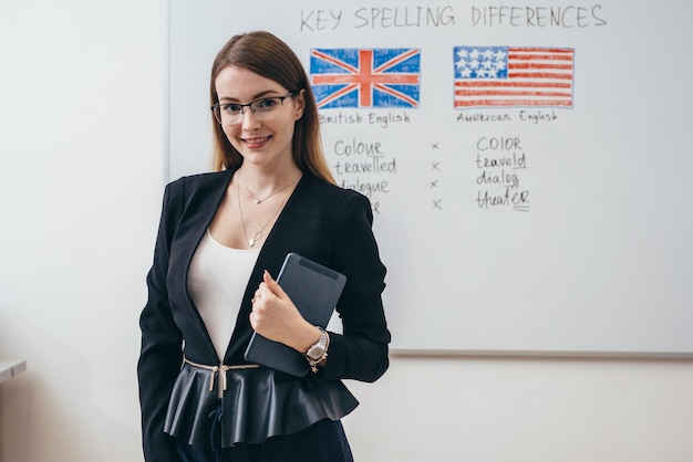 Female teacher posing in English language school.