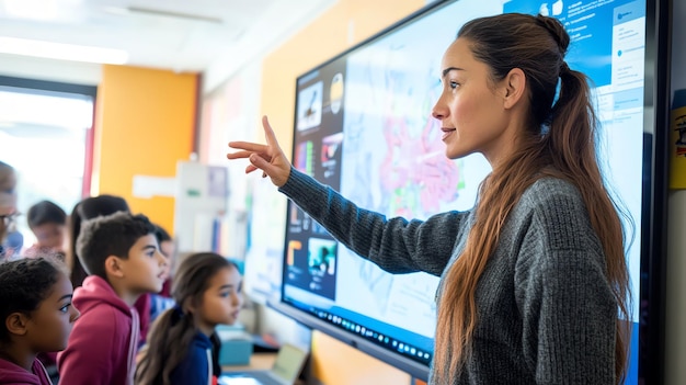 Photo female teacher using interactive whiteboard to teach students in classroom