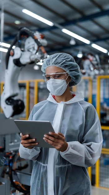 Female Technician in Protective Coveralls Mask and Eyewear Using Tablet Computer at a Manufacturin