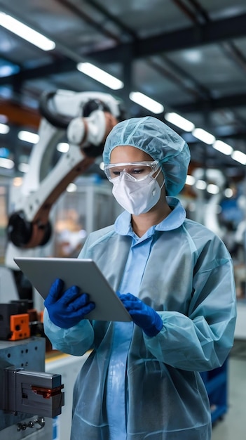 Female Technician in Protective Coveralls Mask and Eyewear Using Tablet Computer at a Manufacturin