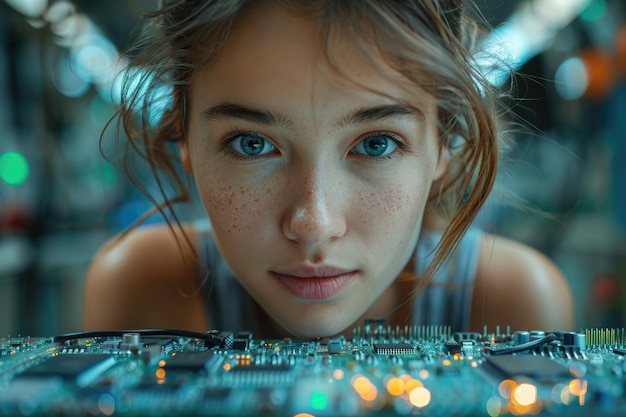 Photo female technician soldering circuit board in dimly lit lab precision and innovation