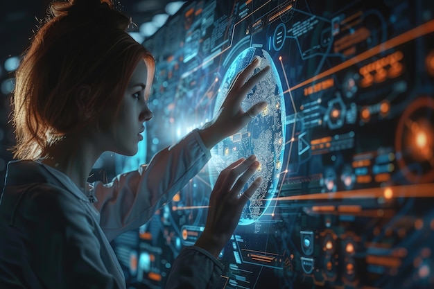 Female Technician touching on digital globe screen future technology concept