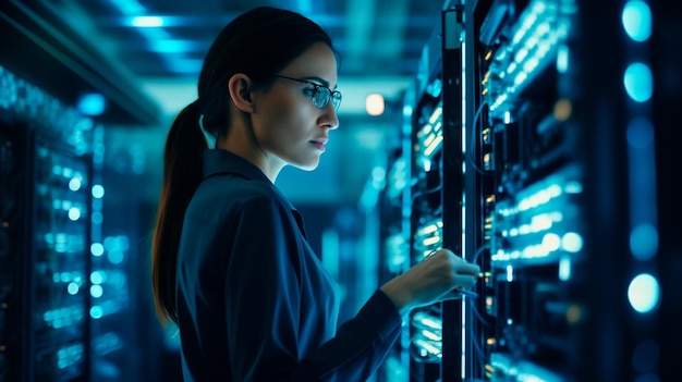 female technician working with server in data center Generative AI