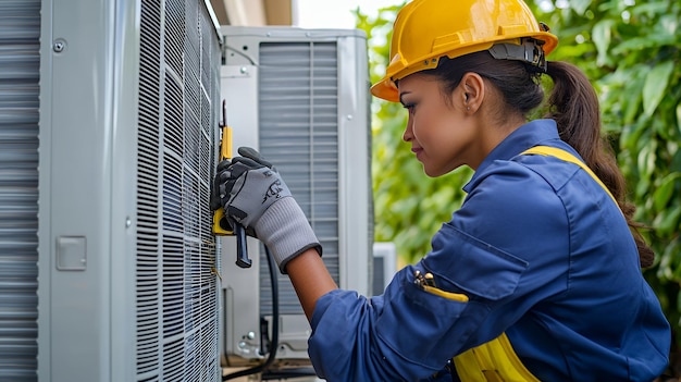 Female technician in a yellow hard hat and blue workwear working on an air conditioner unit