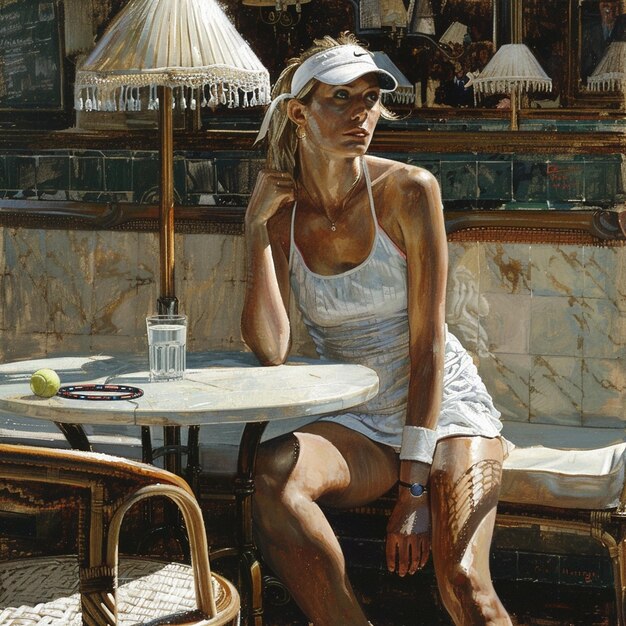 Photo female tennis player enjoys a coffee break at a cafe