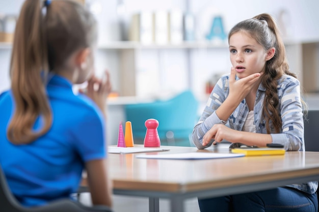 Photo a female therapist sits with a sweet little girl as a table as they work on her speech together the