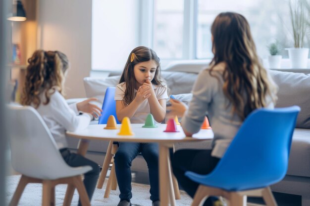 Photo a female therapist sits with a sweet little girl as a table as they work on her speech together the