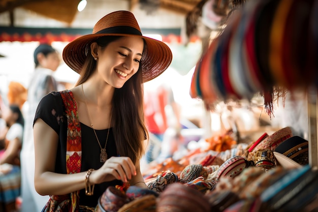 Female tourist buys souvenirs from a local shop Support local products economy Sustainable traveler