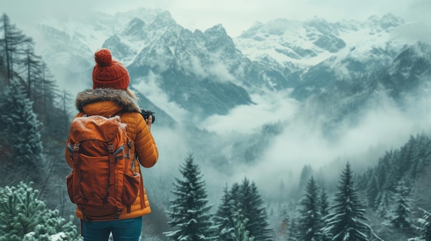 Female Tourist Capturing Nature in Fog and Clouds AI Generated