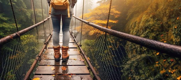 A female tourist in the outdoors taking in the scenic autumn view of the forest while enjoying the freedom of an active lifestyle