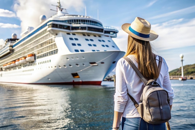 Photo female tourist preparing to embark on a cruise ship adventure by the water generative ai