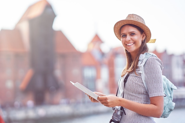 female tourist sightseeing Gdansk Poland in summer