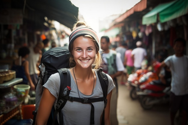 Female tourist traveling with backpack in city street