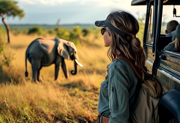 Photo a female tourist watches elephants on a safari tour near an offroad vehicle