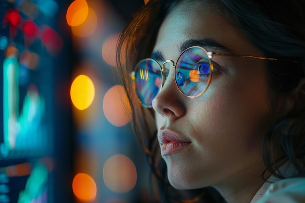 Female trader working late at night intently looking at a screen displaying financial data