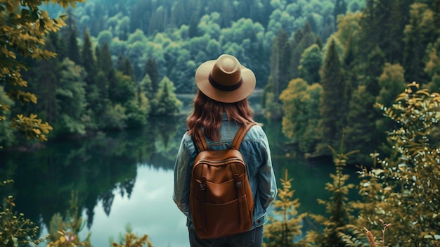 Photo a female traveler embarks on a peaceful solo adventure surrounded by the beauty of natural landscape