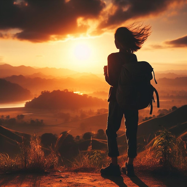 Photo a female traveler on top of a mountain enjoying the beauty of nature