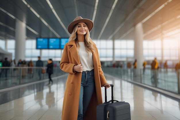 Female traveler wearing coat and hat with suitcase at airport travel and tourism concept